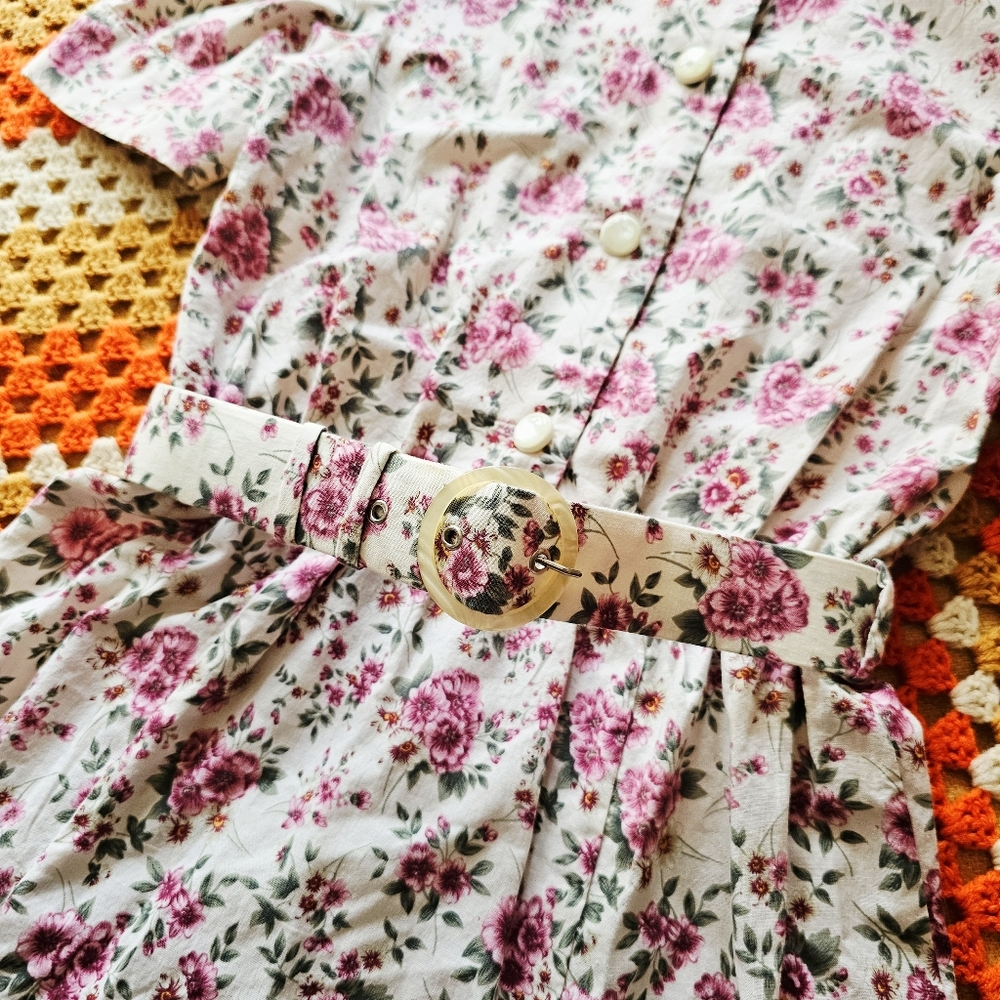 80s Floral Pink Green Cotton Midi Tea Dress With Matching Belt Handmade Vintage - Picture 6 of 10